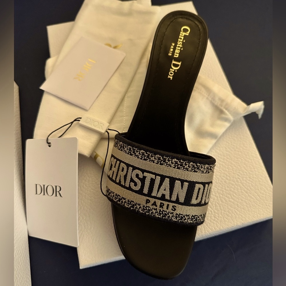 Dior Dway Heeled Slide Deep Blue Embroidered Cotton